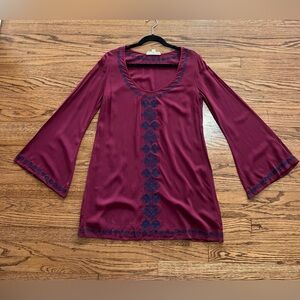 Women's Burgundy Embroidered Scoop Neck Dress